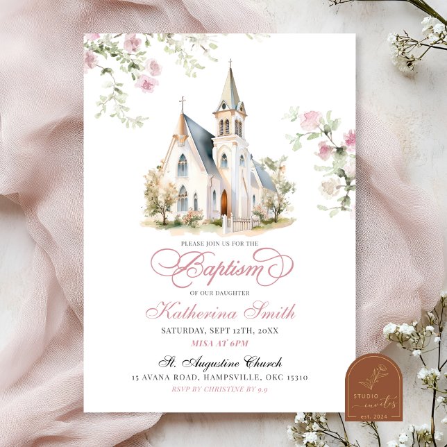 Rosa Blommig Klassisk Kyrkdop Dop Inbjudningar (Skapare uppladdad)