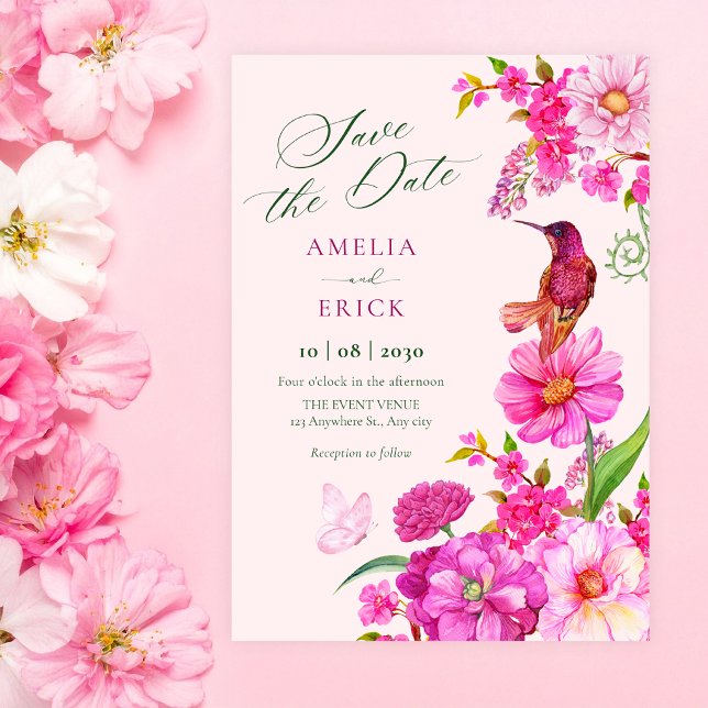 Rosa blommig konst kolibri bröllop spara datumet (Skapare uppladdad)