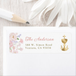 Rosa blommig kors dop adress returadress etikett