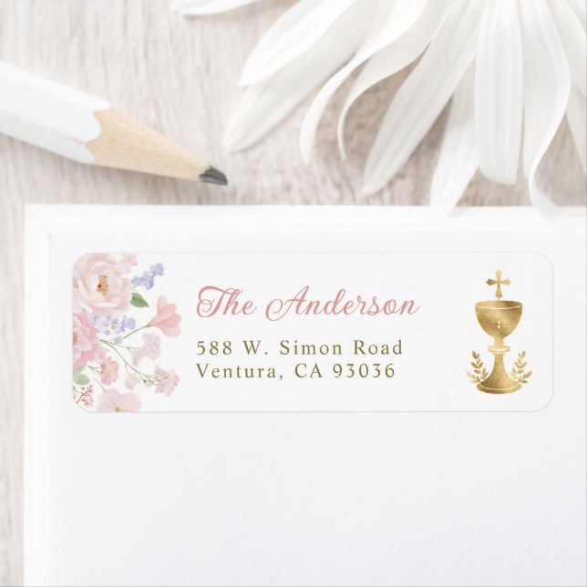 Rosa blommig kors dop adress returadress etikett (Insitu)