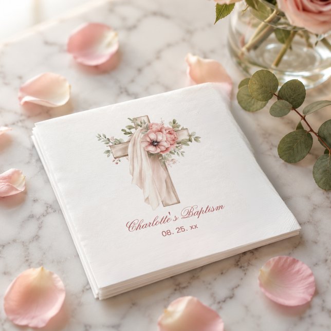 Rosa Blommig Kors Dop Pappersservett (Skapare uppladdad)