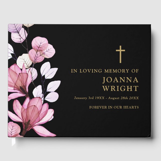 Rosa blommig kristen minnesgudstjänst begravning gästböcker (Framsida)