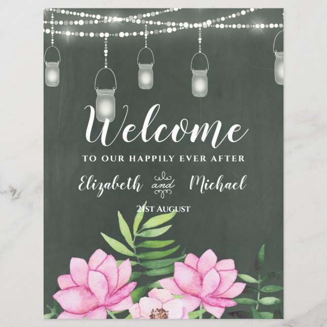 Rosa blommig kritkort Anpassad vigselskylt Budgett (Framsida)