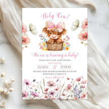 Rosa blommig kviga tjur baby shower inbjudan