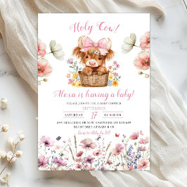 Rosa blommig kviga tjur baby shower inbjudan