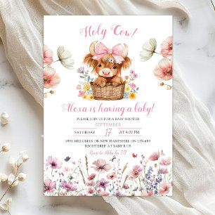 Rosa blommig kviga tjur baby shower inbjudan