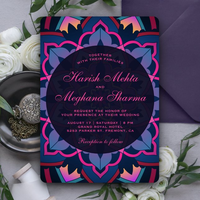 Rosa Blommig Mandala Indisk Bröllopsinbjudan Inbjudningar (Skapare uppladdad)