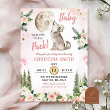 Rosa blommig månskogs varg baby shower