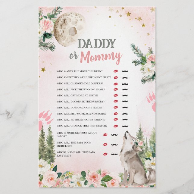 Rosa blommig månvarg Pappa eller Mamma-spel (Framsida)