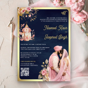 Rosa blommig marinblå QR-kod Anand Karaj Sikh-bröl Inbjudningar