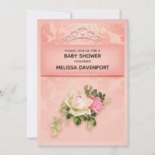 Rosa blommig med diamanttiara Elegant baby shower Inbjudningar