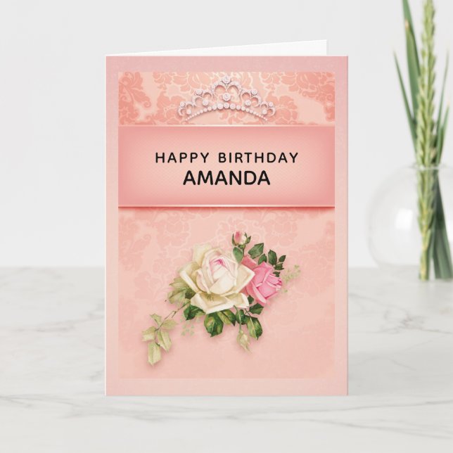 Rosa blommig med diamanttiara prinsess födelsedag  kort (Framsida)