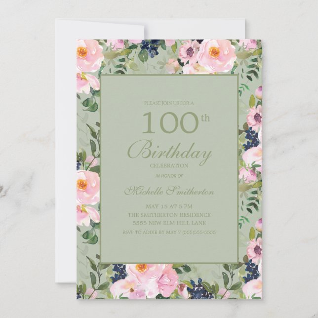 Rosa Blommig Mintgrön 100-årsdag Inbjudningar (Framsida)