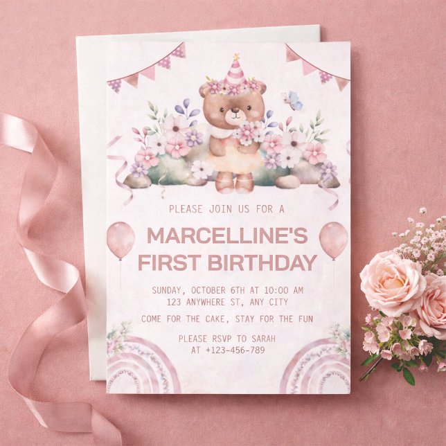 Rosa blommig nalle 1-års födelsedagsfest inbjudningar (Skapare uppladdad)