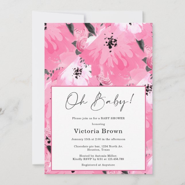 Rosa Blommig Oh Baby Shower Inbjudan (Framsida)