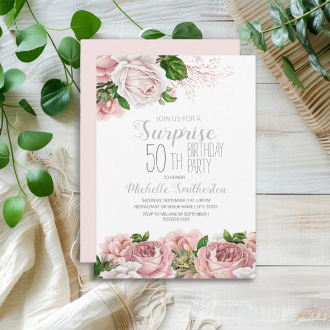 Rosa Blommig Överraskning 50-årsdag Inbjudningar (Blush pink vintage floral surprise 50th birthday party invitation)