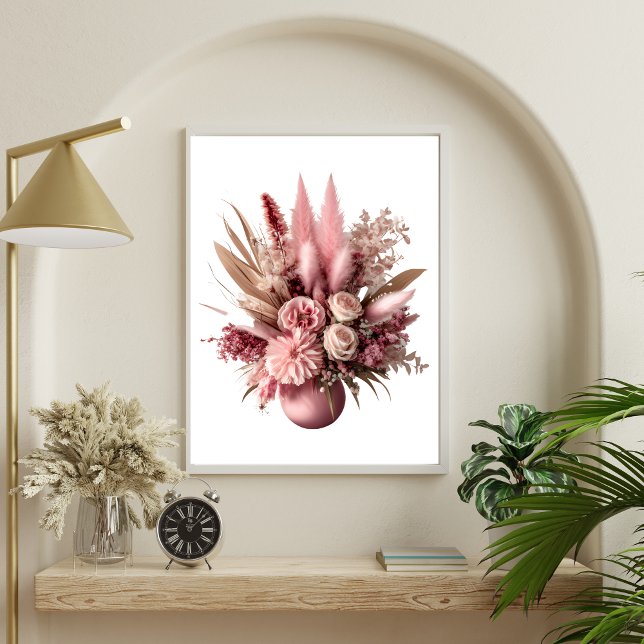 Rosa blommig Pampasgräs Boho blommor i vas Poster (Pink Floral Boho Pampas Grasses Wall Art Print)