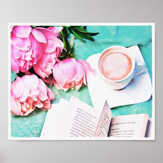 Rosa blommig peony mysig latte akvarell poster (Framsidan)