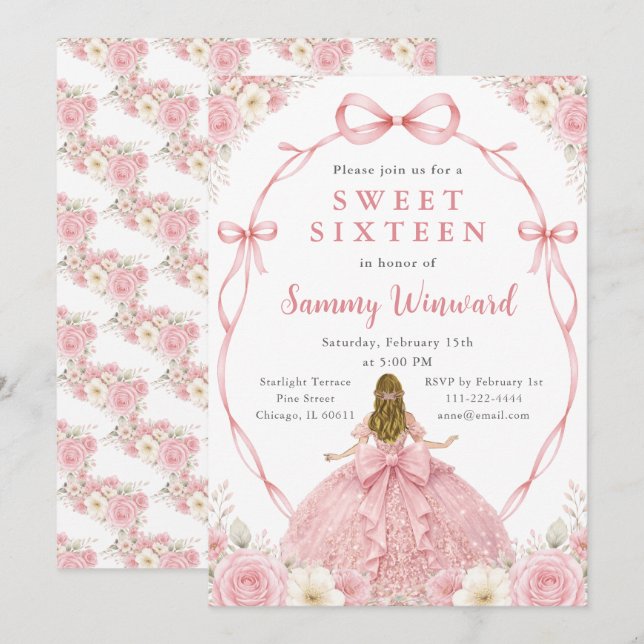 Rosa Blommig Prinsessa Sweet Sixteen Födelsedagsfe Inbjudningar (Fram/baksida)
