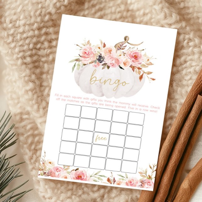Rosa Blommig Pumpa Bebis Shower Bingo Spel (Girl Fall Pumpkin Baby Shower Bingo Game)