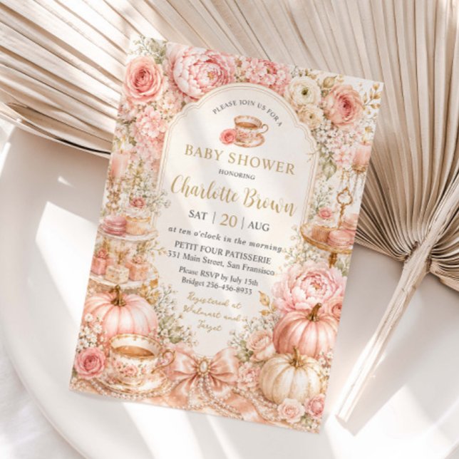 Rosa Blommig Pumpa Tea Party Bebis Shower Inbjudningar (Skapare uppladdad)