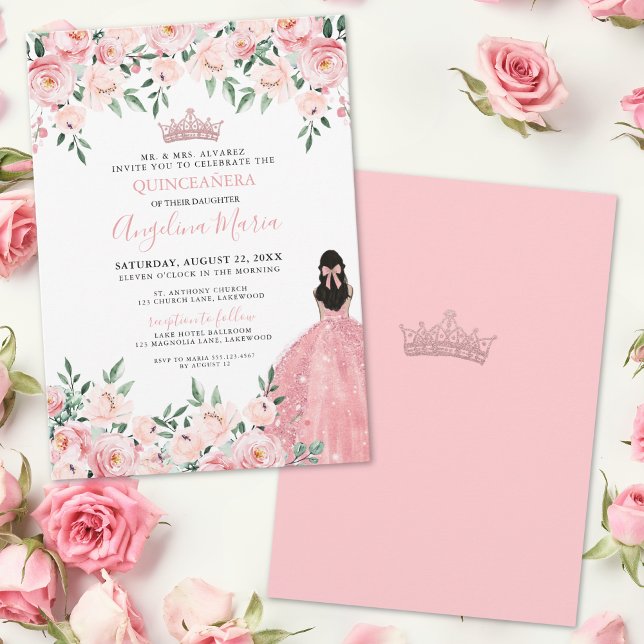 Rosa Blommig Quinceanera-inbjudan Inbjudningar (Blush Pink Floral Quinceanera Invitation)