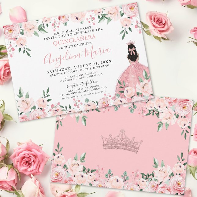 Rosa Blommig Quinceanera Inbjudningar (Blush Pink Floral Quinceanera Invitation)