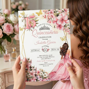 Rosa Blommig Quinceañera Med Gyllene Fjärilar Inbjudningar