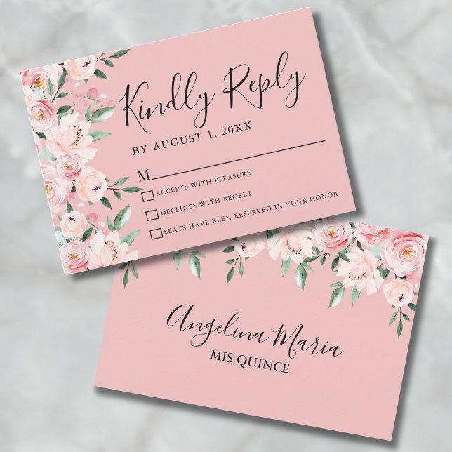 Rosa Blommig Quinceanera-Svarskort OSA Kort (Pink Floral Quinceanera RSVP Card)
