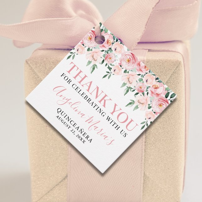Rosa blommig Quinceañera tackgåva Gåvor Etiketter (Blush Pink Floral Quinceañera Thank You Gift Favor Tags)