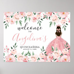 Rosa blommig Quinceañera välkomstskylt Poster