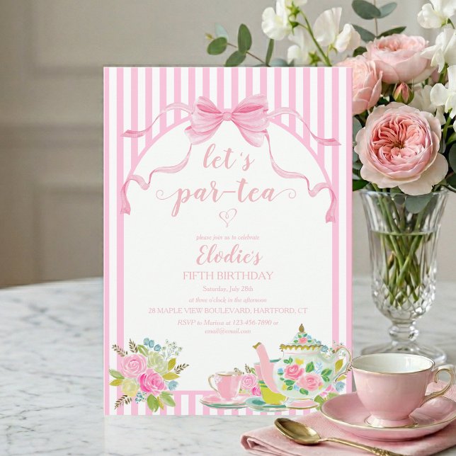 Rosa blommig rand Let's Par-tea födelsedag Inbjudningar (lets par-tea pink bow coquette parisian stripe floral girls birthday tea party invitation)