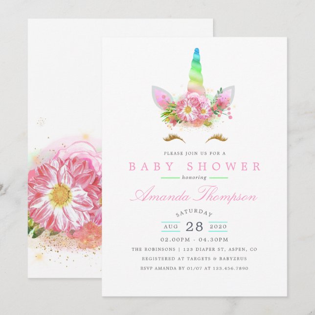 Rosa blommig regnbåge enhörning flicka baby shower inbjudningar (Fram/baksida)