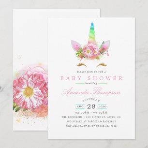 Rosa blommig regnbåge enhörning flicka baby shower inbjudningar