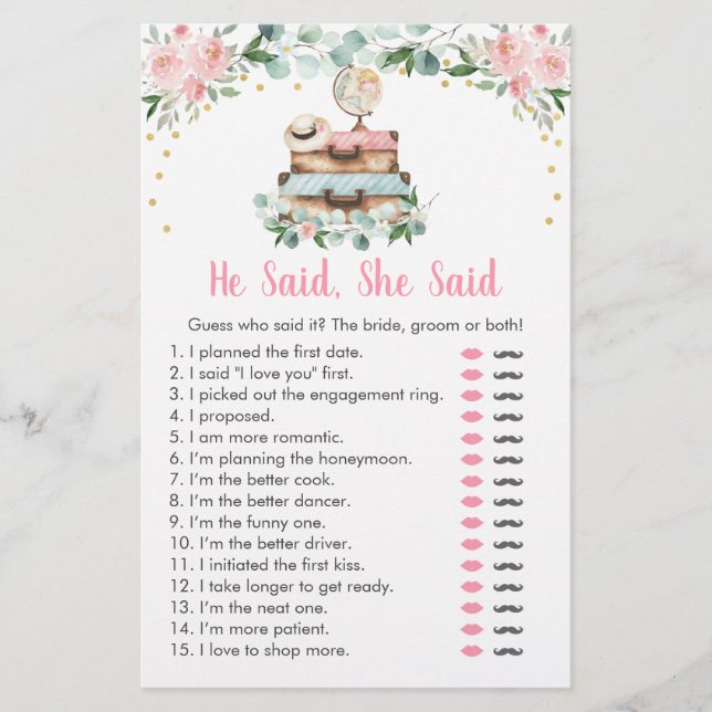 Rosa blommig resa Han sa att hon sa bröllopsspel (Framsida)