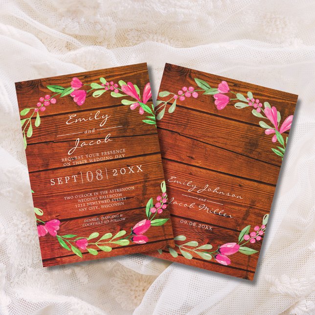 Rosa Blommig Röd Brun Rustik Trä Landsbygd Bröllop Meddelande (Pink Floral Red Brown Rustic Wood Country Wedding Announcement)