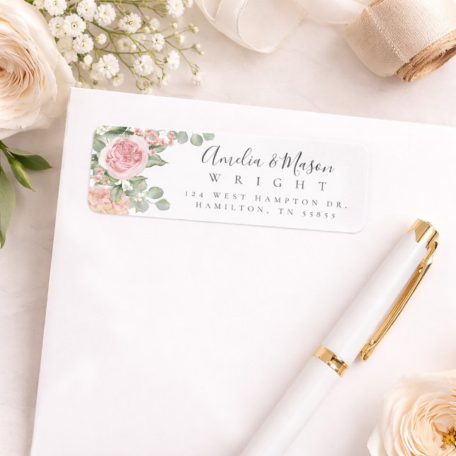 Rosa blommig ros eukalyptus bröllops returadress etikett (Pink Floral Rose Eucalyptus Wedding Return Address Label)