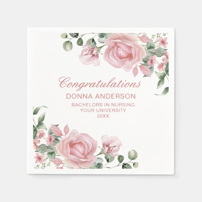 Rosa blommig ros examensfirande  pappersservett (Framsidan)
