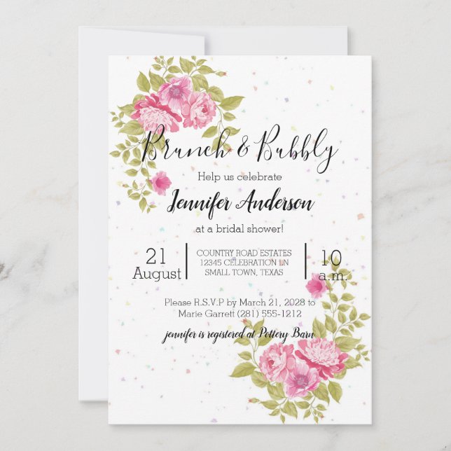 Rosa blommig ros konfettidubb Invitation (Framsida)