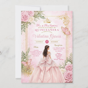 Rosa blommig rosett Guld ram Fjäril Quince Inbjudningar