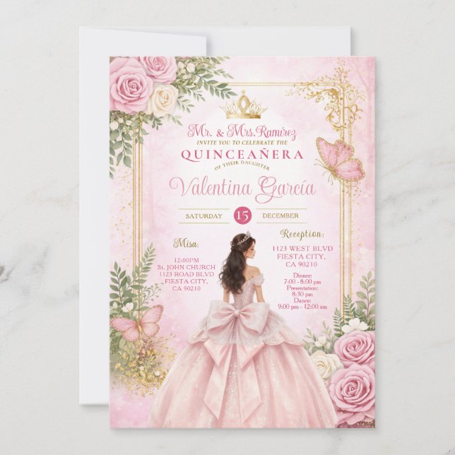 Rosa blommig rosett Guld ram Fjäril Quince Inbjudningar (Framsida)