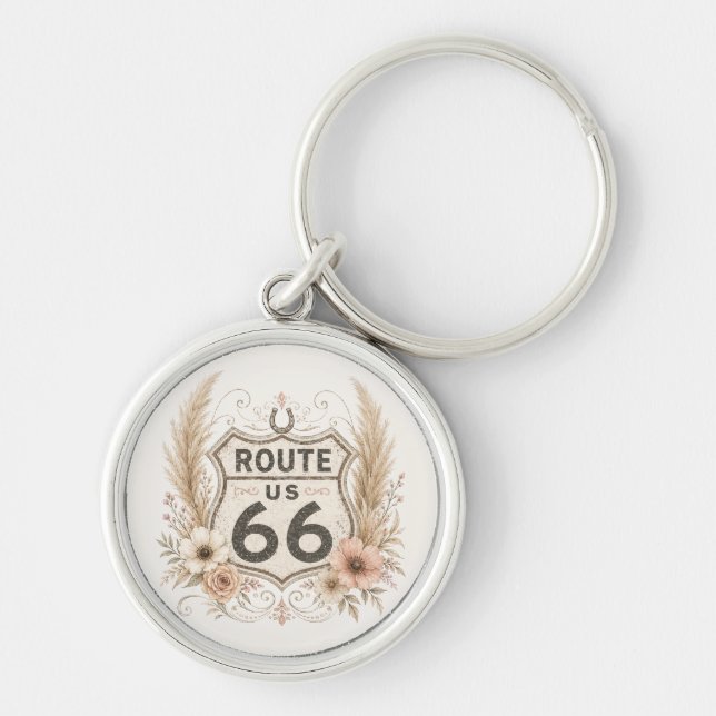 Rosa Blommig Route 66 Resväsentlig Rund Silverfärgad Nyckelring (Framsidan)