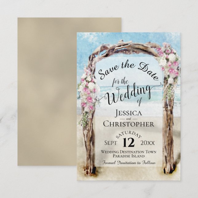 Rosa blommig rustik drivved strand pergola bröllop spara datumet (Fram/baksida)