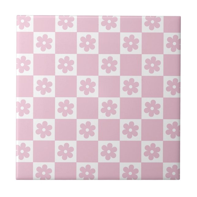 Rosa blommig rutigt mönster kakelplatta (Framsidan)