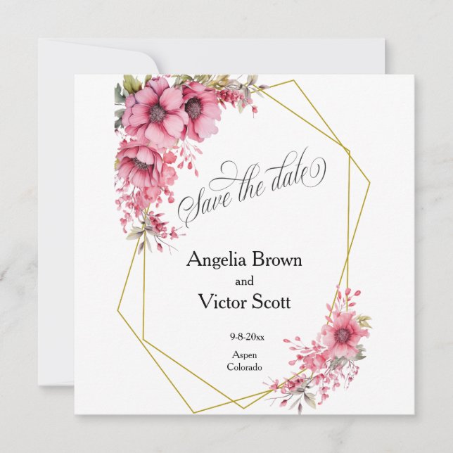 Rosa blommig Save the Date-inbjudan Spara Datumet (Framsida)