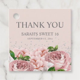 Rosa blommig silver glitter Sweet 16 tack Gåvor Etiketter