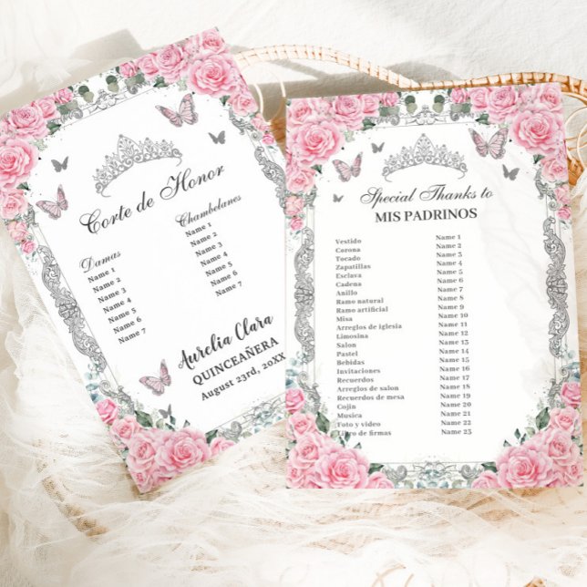 Rosa blommig silver Quinceañera Mis Padrinos-kort Inbjudningar (pink roses floral silver butterflies quinceanera mis padrinos corte de honor list cards printed)