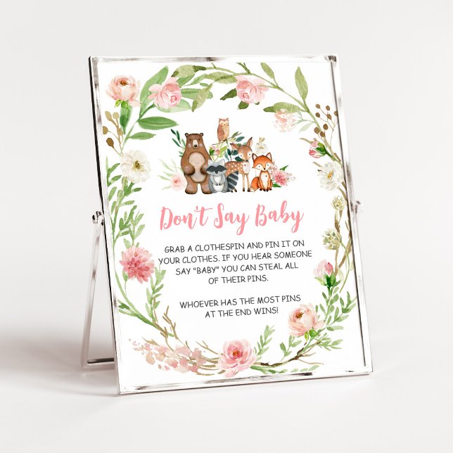 Rosa Blommig Skogs- Don't Say Baby-skylt Poster (Girl Woodland Animals Baby Shower Don't Say Baby Sign)