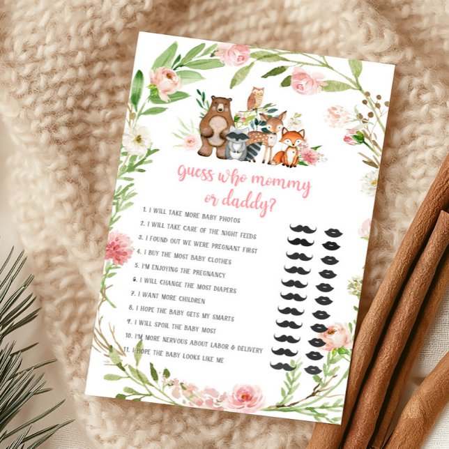 Rosa Blommig Skogs Gissa Vem Mamma eller Pappa Lek (Girl Woodland Animals Baby Shower Guess Who Mommy or Daddy Game)