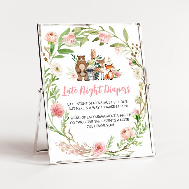 Rosa Blommig Skogs Tema för Sena Nattens Blöjor Poster (Girl Woodland Animals Baby Shower Late Night Diapers Sign)